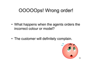 OOOOOps! Wrong order!

• What happens when the agents orders the
  incorrect colour or model?

• The customer will definitely complain.




                                           18
 