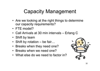 Capacity Management
• Are we looking at the right things to determine
  our capacity requirements?
• FTE model?
• Call Arrivals at 30 min intervals – Erlang C
• Shift by team
• Shift by rotation – be fair
• Breaks when they need one?
• Breaks when we need one?
• What else do we need to factor in?

                                                    32
 