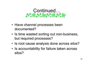 Continued

• Have channel processes been
  documented?
• Is time wasted sorting out non-business,
  but required processes?
• Is root cause analysis done across silos?
• Is accountability for failure taken across
  silos?
                                               35
 