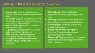 Why is iiNet a great place to work?
We promote wellbeing
• Internet café: 2% of staff have
broadband at home, this bridges the
gap
• Gaming area: allow break-away from
workstation, promotes stress release
• Coffee shop: promotes choice and
good timekeeping
• Employee Wellness program:
Provides financial and emotional
counseling, health checks
• Transport: Day time transport supports
timekeeping and saves people money
• Shift preference
We energize our staff
• Career path: Roles & training to ensure
that each individual knows their next career
step
• Breakfast: Supports good attendance and
time keeping, ensures people on the phone
are in the right frame of mind
• Fruit & Smoothies: Access to nutrition
they wouldn't afford
• A great site: Establishes iiNet as a brand
to be proud of and advocate for
• iiNet Branded clothing & events:
Establishing a sense of brand pride
• Recognition and celebration events
• Sports activity outside work: sense of
community
 