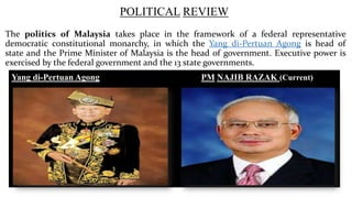 POLITICAL REVIEW
The politics of Malaysia takes place in the framework of a federal representative
democratic constitutional monarchy, in which the Yang di-Pertuan Agong is head of
state and the Prime Minister of Malaysia is the head of government. Executive power is
exercised by the federal government and the 13 state governments.

Yang di-Pertuan Agong

PM NAJIB RAZAK (Current)

 