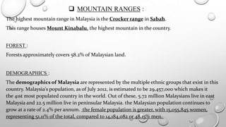  MOUNTAIN RANGES :
The highest mountain range in Malaysia is the Crocker range in Sabah.
This range houses Mount Kinabalu, the highest mountain in the country.
FOREST :
Forests approximately covers 58.2% of Malaysian land.

DEMOGRAPHICS :
The demographics of Malaysia are represented by the multiple ethnic groups that exist in this
country. Malaysia's population, as of July 2012, is estimated to be 29,457,000 which makes it
the 41st most populated country in the world. Out of these, 5.72 million Malaysians live in east
Malaysia and 22.5 million live in peninsular Malaysia. the Malaysian population continues to
grow at a rate of 2.4% per annum. the female population is greater, with 15,055,845 women,
representing 51.11% of the total, compared to 14,184,082 or 48.15% men.

 