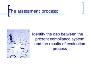The assessment process: Identify the gap between the present compliance system and the results of evaluation process 