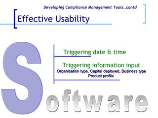 Effective Usability S oftware Developing Compliance Management Tools..contd Triggering date & time  Triggering information input  Organisation type, Capital deployed, Business type Product profile   