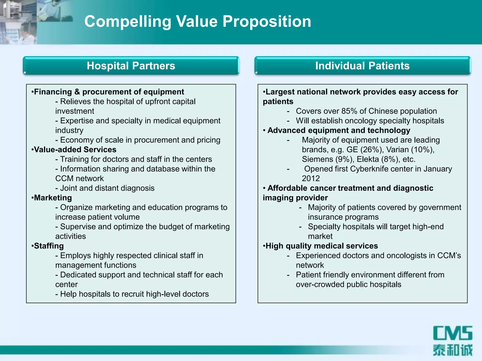 Compelling Value Proposition
•Financing & procurement of equipment
- Relieves the hospital of upfront capital
investment
- Expertise and specialty in medical equipment
industry
- Economy of scale in procurement and pricing
•Value-added Services
- Training for doctors and staff in the centers
- Information sharing and database within the
CCM network
- Joint and distant diagnosis
•Marketing
- Organize marketing and education programs to
increase patient volume
- Supervise and optimize the budget of marketing
activities
•Staffing
- Employs highly respected clinical staff in
management functions
- Dedicated support and technical staff for each
center
- Help hospitals to recruit high-level doctors
•Largest national network provides easy access for
patients
- Covers over 85% of Chinese population
- Will establish oncology specialty hospitals
• Advanced equipment and technology
- Majority of equipment used are leading
brands, e.g. GE (26%), Varian (10%),
Siemens (9%), Elekta (8%), etc.
- Opened first Cyberknife center in January
2012
• Affordable cancer treatment and diagnostic
imaging provider
- Majority of patients covered by government
insurance programs
- Specialty hospitals will target high-end
market
•High quality medical services
- Experienced doctors and oncologists in CCM’s
network
- Patient friendly environment different from
over-crowded public hospitals
Individual PatientsHospital Partners
 