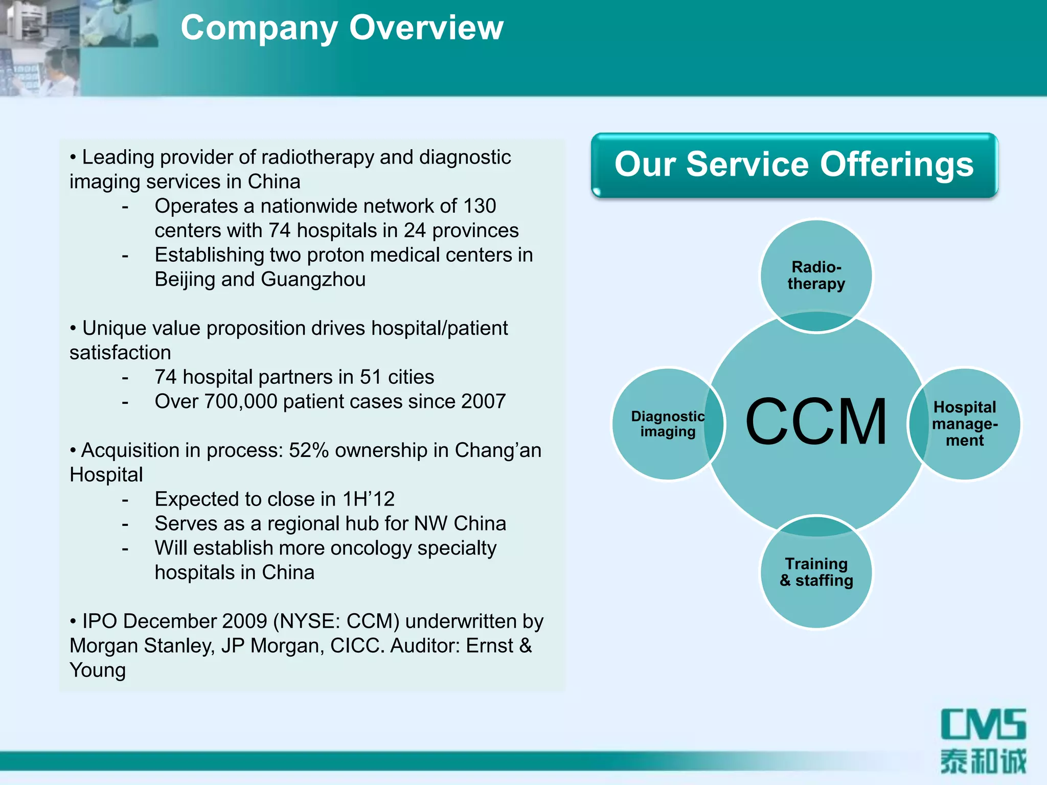 • Leading provider of radiotherapy and diagnostic
imaging services in China
- Operates a nationwide network of 130
centers with 74 hospitals in 24 provinces
- Establishing two proton medical centers in
Beijing and Guangzhou
• Unique value proposition drives hospital/patient
satisfaction
- 74 hospital partners in 51 cities
- Over 700,000 patient cases since 2007
• Acquisition in process: 52% ownership in Chang’an
Hospital
- Expected to close in 1H’12
- Serves as a regional hub for NW China
- Will establish more oncology specialty
hospitals in China
• IPO December 2009 (NYSE: CCM) underwritten by
Morgan Stanley, JP Morgan, CICC. Auditor: Ernst &
Young
CCM
Radio-
therapy
Hospital
manage-
ment
Training
& staffing
Diagnostic
imaging
Our Service Offerings
Company Overview
 