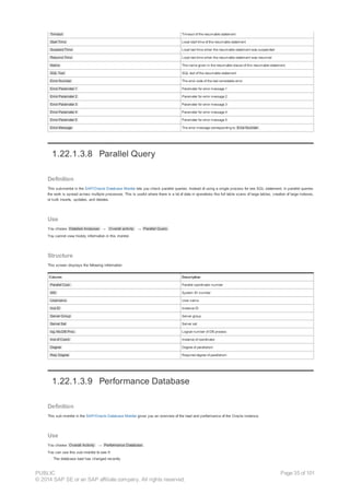 Timeout Timeout of the resumable statement
Start Time Local start time of the resumable statement
Suspend Time Local last time when the resumable statement was suspended
Resume Time Local last time when the resumable statement was resumed
Name The name given in the resumable clause of this resumable statement.
SQL Text SQL text of the resumable statement
Error Number The error code of the last correctable error
Error Parameter 1 Parameter for error message 1
Error Parameter 2 Parameter for error message 2
Error Parameter 3 Parameter for error message 3
Error Parameter 4 Parameter for error message 4
Error Parameter 5 Parameter for error message 5
Error Message The error message corresponding to Error Number .
1.22.1.3.8 Parallel Query
Definition
This submonitor in the SAP/Oracle Database Monitor lets you check parallel queries. Instead of using a single process for one SQL statement, in parallel queries
the work is spread across multiple processes. This is useful where there is a lot of data in operations like full table scans of large tables, creation of large indexes,
or bulk inserts, updates, and deletes.
Use
You choose Detailed Analyses → Overall activity → Parallel Query .
You cannot view history information in this monitor.
Structure
This screen displays the following information:
Column Description
Parallel Coor. Parallel coordinator number
SID System ID number
Username User name
Inst ID Instance ID
Server Group Server group
Server Set Server set
log. Nb.DB Proc. Logical number of DB process
Inst of Coord. Instance of coordinator
Degree Degree of parallelism
Req. Degree Required degree of parallelism
1.22.1.3.9 Performance Database
Definition
This sub-monitor in the SAP/Oracle Database Monitor gives you an overview of the load and performance of the Oracle instance.
Use
You choose Overall Activity → Performance Database .
You can use this sub-monitor to see if:
· The database load has changed recently
PUBLIC
© 2014 SAP SE or an SAP affiliate company. All rights reserved.
Page 35 of 101
 