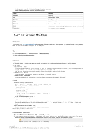 This tab page uses the alert log file to display all changes in database parameters.
Choose Show parameters history to display the following information:
Column Description
Instance ID Instance ID
SID Name of the RAC instance
Parameter Name of the parameter
Value Value of the parameter
Timestamp Timestamp for this value of the parameter
Scope Indicates whether the parameter change is only temporary, or persistent and in memory
Target instance RAC instance for which the change applies
1.22.1.6.3 Arbitrary Monitoring
Definition
This submonitor in the SAP/Oracle Database Monitor lets you display the results of native Oracle select statements. The access is restricted to oracle views and
tables with owner SYS and PUBLIC (mainly GV$, V$, and DBA views).
Use
You choose Detailed Analyses → Additional Functions → Arbitrary Monitoring .
You cannot view history information in this monitor.
Structure
The submonitor consists of an editor screen where you enter the SQL statement and a result screen that displays the result of the SQL statement.
You can choose:
· SQL Command → Parse
This function starts a simple parser to check the syntax. This parser only makes sure that the monitor is able to generate a display structure and display the
result of the statement. It also checks the owner of the tables and views that have to be read.
It does not check the complete Oracle syntax. Therefore, it does not guarantee that the statement can be executed.
· SQL Command → Execute
This function starts the parser, executes the statement, and displays the result of the statement.
· Save as local file or Load local file
This function lets you save your SQL statement to a local file or load an SQL statement from a local file into the editor.
Syntax
· A statement must have the following syntax:
SELECT [ hint ] [ { DISTINCT | UNIQUE } | ALL ] select_list
FROM table_reference [, table_reference]...
[ WHERE condition ]
[ hierarchical_query_clause ]
[ group_by_clause ]
[ HAVING condition ]
[ { UNION | UNION ALL | INTERSECT | MINUS } ( subquery )]
[ order_by_clause ]
You can put comments between "/*+" and "*/"
· A select list must have the following syntax:
{ * |
{[table_alias.]dbfieldname | expression} alias [,[table_alias.]dbfieldname | expression} alias] ... }
An expression within this select list can use a calculation operator such as +, -, *, /, ||. Also unary functions (LN, MIN, AVG ...), null, or numbers, are
allowed.
· A table reference must have the following syntax:
{(select statement) [table_alias] | table [table_alias]}
Otherwise the syntax follows the SQL standard.
Conventions and Restrictions
· Each column that is specified in the select list will be a column in the output list.
· If a select list element is specified with a column alias, this alias will be used as header text in the output list. Otherwise the program uses the field name of
the select list element as header text. If a select list element is an expression (that is, without a database field), the alias is obligatory.
For every expression that is not a database field, use a column alias.
PUBLIC
© 2014 SAP SE or an SAP affiliate company. All rights reserved.
Page 53 of 101
 