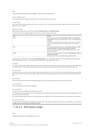 Use
In the SAP/SQL Server Database Monitor, the Memory section is divided into the following areas:
Physical available memory
Total physical memory that is available on the database server (not necessarily used by SQL Server).
Current memory
The current size of the virtual memory used by SQL Server is shown here in MB. This memory includes areas for the data cache, the procedure cache, open
objects, locks, and connections.
SQL Memory setting
Memory usage is determined by the SQL Server parameters Min server memory and Max server memory .
This area shows the memory allocation strategy that SQL Server uses. There are three possible values:
Value Meaning
FIXED: The memory setting is FIXED if Min server memory (MB) is equal to Max server
memory (MB) . SQL Server uses a constant amount of memory, specified by these two
parameters.
This is the recommended setting for a central system. If FIXED is not set, and an SAP
instance is running on the same server, SAP and SQL Server do not compete for
memory.
AUTO: SQL Server dynamically allocates memory. It requires between 4 MB and 2 GB. Min
server memory (MB) = 0 and Max server memory (MB) = 2147483647 .
AUTO is the recommended setting for a standalone database server, that is, a server
without an SAP instance.
RANGE: SQL Server can dynamically allocate memory between Min server memory (MB) and
Max server memory (MB) .
SQL Server uses memory in a range between these two parameter settings.
We recommend that you set the SQL Server parameter set working set size = 0 , in all situations. There has been some anecdotal evidence to raise some
stability concerns with it being set = 1, and it is most likely to be removed from future releases of SQL Server.
Free pages
The number of free data buffers available in MB. These buffers can be used either by the data cache or by the procedure cache. Since the number of free pages
can become very low in a busy system we display this value not as an integer value but as a decimal value with 1 decimal to allow values below 1 MB.
Procedure cache
The size in MB of the procedure cache, which contains stored procedures, execution plans, etc. In SQL Server this size is adjusted automatically. Since the size
of the cache can become very low in an idle system we display this value not as an integer value but as a decimal value with 1 decimal to allow values below 1
MB.
Data cache size
The size in MB of the data cache memory. Data and index pages are stored in the data cache so that they do not need to be read from disk.
Lock memory size
The size in MB of the memory used for lock management.
Data cache hit ratio
The data hit ratio is the main performance indicator for the data cache.
The hit ratio is the percentage of pages found in the cache without having to read from the disk. The ratio shows the average percentage of data pages found in the
cache since SQL Server was started.
The hit ratio value should always be above 95, even during periods of heavy workload. If the hit ratio is significantly below 95, the data cache could be too small.
Procedure cache hit ratio
The proc hit ratio is the main performance indicator for the procedure cache. In this cache, SQL statements, access plans, stored procedures, etc. are cached. Its
calculation is done in the same way as for the data cache hit ratio.
1.22.3.2 Disk Space Usage
Use
Database space is organized in several database files on disk.
PUBLIC
© 2014 SAP SE or an SAP affiliate company. All rights reserved.
Page 90 of 101
 