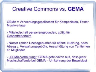 Abwandlungen und  Bearbeitungen  anfertigen --> unter Bedingung der  Namensnennung ---------------------- wie  Attribution  +  Weitergabe unter gleichen Bedingungen = Copyleft ---------------------- vervielfältigen, verbreiten  und  öffentlich  zugänglich machen --> Bedingung:  Namensnennung  und +  keine  Abwandlungen und Bearbeitungen   angefertigt werden ----------------------   wie  Attribution  , aber darf  nicht für kommerzielle Zwecke  verwendet werden ----------------------   wie  Attribution  , Verwendung  nicht für kommerzielle Zwecke  +  Weitergabe unter gleichen Bedingungen = Copyleft   ---------------------- vervielfältigen, verbreiten  und  öffentlich  zugänglich machen --> Bedingung:  Namensnennung +  dass  keine  Abwandlungen und Bearbeitungen  angefertigt werden +  Verwendung  nicht für kommerzielle Zwecke   