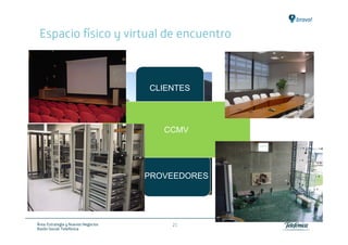 Espacio físico y virtual de encuentro

      CONFERENCIAS                                 CHARLAS



                                     CLIENTES




                                        CCMV




                                     PROVEEDORES
                                                   EVENTOS
      LABORATORIOS




Área: Estrategia y Nuevos Negocios       21
Razón Social: Telefónica
 