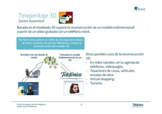 Teleperitaje 3D
 Sector Automóvil
Basado en el modelado 3D supone la reconstrucción de un modelo tridimensional
a partir de un vídeo grabado con un teléfono móvil.

 Tan fácil como grabar un vídeo de 30 segundos desde
    el móvil, enviarlo a la red de Telefónica y recibir la
               reconstrucción del modelo 3D.


   Envíalo a la red desde el           Visualiza tu avatar   Otros posibles usos de la reconstrucción
            móvil                    tridimensional en un
                                               PC
                                                             3D:
                                                             - En redes sociales, en tu agenda de
                                                                teléfonos, videojuegos.
                                                             - Tasaciones de casas, vehículos,
                                                                estados de obra.
                                                             - Virtual shopping.
                                                             - Turismo.




Área: Estrategia y Nuevos Negocios                      28
Razón Social: Telefónica
 