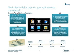 Nacimiento del proyecto, ¿por qué en este
momento?
Entorno Actual de las Aplicaciones
Usuario Final
     Uno de cada cinco                                                                    El 50% de los internautas
        Medios de pago
       teléfonos vendidos el                                                                  en España utilizan
     pasado año en el mundo,
      Enero                                                                                     diariamente los
      es decir 320 millones de
       2011                                                                                  dispositivos móviles
           aparatos, fue un                                                                para acceder a internet2
            smartphone1
                                          Movilidad   Velocidad Participación


          Los dispositivos de                                                                De los usuarios que
         Medios de pago
         gran consumo ganan                                                                 acceden a internet a
                                            Online      Valor      Simplicidad
         cuota rápidamente en                                                              través de dispositivos
       empresas (ej. el 50% de                                                             móviles en España, el
        las empresas utilizan o                                                            25% lo hace a través de
       evalúan utilizar iPhone)2                                                                aplicaciones3



                                                           500 mill               1.000 mill           10.000 mill
                                     Nacimiento          aplicaciones            aplicaciones         aplicaciones
                                     Apple Store         descargadas             descargadas          descargadas



                                     Julio 2008          Enero 2009               Abril 2009           Enero 2011



Área: Estrategia y Nuevos Negocios                         4
Razón Social: Telefónica
 