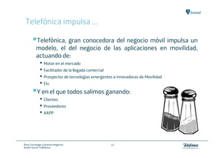 Telefónica impulsa …

          Telefónica, gran conocedora del negocio móvil impulsa un
          modelo, el del negocio de las aplicaciones en movilidad,
          actuando de:
           • Motor en el mercado
           • Facilitador de la llegada comercial
           • Prospector de tecnologías emergentes e innovadoras de Movilidad
           • Etc
          Y en el que todos salimos ganando:
           • Clientes
           • Proveedores
           • AAPP



Área: Estrategia y Nuevos Negocios      49
Razón Social: Telefónica
 