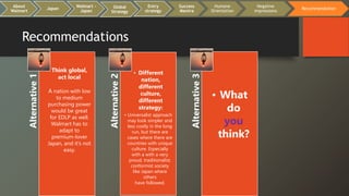 Recommendations
:.
Alternative1
• Think global,
act local
A nation with low
to medium
purchasing power
would be great
for EDLP as well.
Walmart has to
adapt to
premium-lover
Japan, and it's not
easy.
Alternative2
• Different
nation,
different
culture,
different
strategy:
• Universalist approach
may look simpler and
less costly in the long
run, but there are
cases where there are
countries with unique
culture. Especially
with a with a very
proud, traditionalist,
conformist society
like Japan where
others
have followed.
Alternative3
• What
do
you
think?
About
Walmart
Japan
Walmart -
Japan
Global
Strategy
Entry
strategy
Success
Mantra
Humane
Orientation
Negative
impressions
Recommendation
 