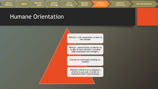 Humane Orientation
About
Walmart
Japan
Walmart -
Japan
Global
Strategy
Entry
strategy
Success
Mantra
Humane
Orientation
Negative
impressions
Recommendation
Walmart, a US corporation, is seen as
the outsider
Walmart ushered Seiyu to dismiss up
to 40% of their HQ staff, including
2500 employees and managers.
Practice of continually praising co-
workers
Walmart viewed it as a company’s
priority to cut cost, in order to
implement EDLP (individualism)
 
