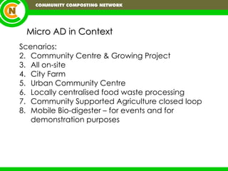 Micro AD in Context Scenarios: Community Centre & Growing Project All on-site City Farm Urban Community Centre Locally centralised food waste processing Community Supported Agriculture closed loop  Mobile Bio-digester – for events and for demonstration purposes 