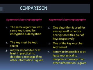 COMPARISON 
Symmetric key cryptography Asymmetric key cryptography 
1. The same algorithm with 
same key is used for 
encryption & decryption 
2. The key must be kept 
secret 
3. may be impossible or at 
least impractical to 
decipher a message if no 
other information is given 
1. One algorithm is used for 
encryption & other for 
decryption with a pair of 
keys respectively 
2. One of the key must be 
kept secret 
3. It may be impossible or at 
least impractical to 
decipher a message if no 
other information is given 
 