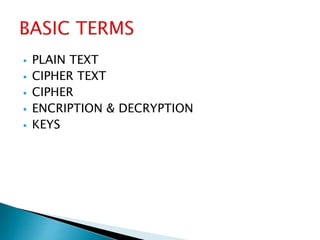  PLAIN TEXT 
 CIPHER TEXT 
 CIPHER 
 ENCRIPTION & DECRYPTION 
 KEYS 
 