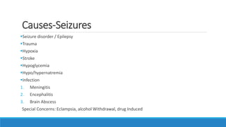 Causes-Seizures
Seizure disorder / Epilepsy
Trauma
Hypoxia
Stroke
Hypoglycemia
Hypo/hypernatremia
Infection
1. Meningitis
2. Encephalitis
3. Brain Abscess
Special Concerns: Eclampsia, alcohol Withdrawal, drug Induced
 
