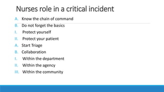 Nurses role in a critical incident
A. Know the chain of command
B. Do not forget the basics
I. Protect yourself
II. Protect your patient
A. Start Triage
B. Collaboration
I. Within the department
II. Within the agency
III. Within the community
 