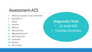 Assessment-ACS
A. Differences between males and females
B. OLDCARTS – P
I. Onset
II. Location
III. Duration
IV. Characteristics
V. Aggravating Factors
VI. Relieving Factors
VII. Treatment
VIII. Severity
IX. Prior History
Diagnostic Tests
• 12-lead EKG
• Cardiac Enzymes
 