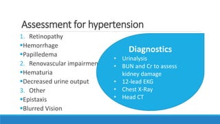 Assessment for hypertension
1. Retinopathy
Hemorrhage
Papilledema
2. Renovascular impairment
Hematuria
Decreased urine output
3. Other
Epistaxis
Blurred Vision
Diagnostics
• Urinalysis
• BUN and Cr to assess
kidney damage
• 12-lead EKG
• Chest X-Ray
• Head CT
 