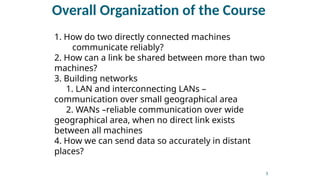 Overall Organization of the Course
1. How do two directly connected machines
communicate reliably?
2. How can a link be shared between more than two
machines?
3. Building networks
1. LAN and interconnecting LANs –
communication over small geographical area
2. WANs –reliable communication over wide
geographical area, when no direct link exists
between all machines
4. How we can send data so accurately in distant
places?
3
 