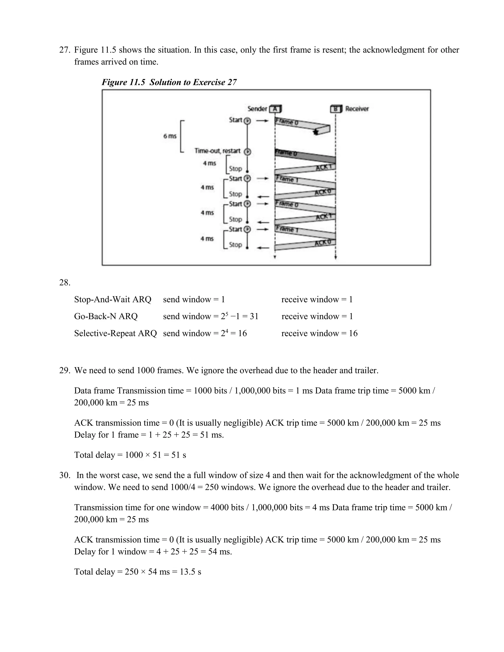 27. Figure 11.5 shows the situation. In this case, only the first frame is resent; the acknowledgment for other 
frames arrived on time. 
Figure 11.5 Solution to Exercise 27 
28. 
Stop-And-Wait ARQ send window = 1 receive window = 1 
Go-Back-N ARQ send window = 25 −1 = 31 receive window = 1 
Selective-Repeat ARQ send window = 24 = 16 receive window = 16 
29. We need to send 1000 frames. We ignore the overhead due to the header and trailer. 
Data frame Transmission time = 1000 bits / 1,000,000 bits = 1 ms Data frame trip time = 5000 km / 
200,000 km = 25 ms 
ACK transmission time = 0 (It is usually negligible) ACK trip time = 5000 km / 200,000 km = 25 ms 
Delay for 1 frame = 1 + 25 + 25 = 51 ms. 
Total delay = 1000 × 51 = 51 s 
30. In the worst case, we send the a full window of size 4 and then wait for the acknowledgment of the whole 
window. We need to send 1000/4 = 250 windows. We ignore the overhead due to the header and trailer. 
Transmission time for one window = 4000 bits / 1,000,000 bits = 4 ms Data frame trip time = 5000 km / 
200,000 km = 25 ms 
ACK transmission time = 0 (It is usually negligible) ACK trip time = 5000 km / 200,000 km = 25 ms 
Delay for 1 window = 4 + 25 + 25 = 54 ms. 
Total delay = 250 × 54 ms = 13.5 s 
 