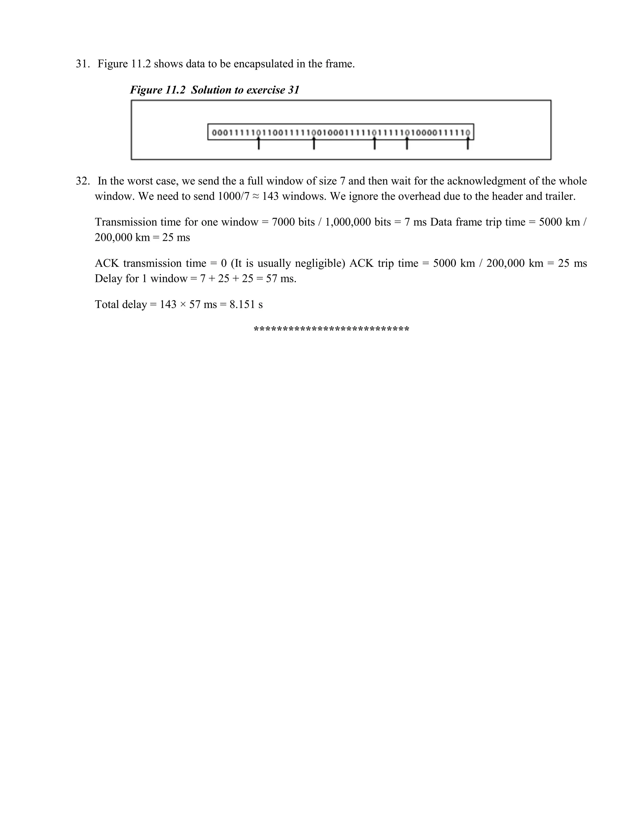 31. Figure 11.2 shows data to be encapsulated in the frame. 
Figure 11.2 Solution to exercise 31 
32. In the worst case, we send the a full window of size 7 and then wait for the acknowledgment of the whole 
window. We need to send 1000/7 ≈ 143 windows. We ignore the overhead due to the header and trailer. 
Transmission time for one window = 7000 bits / 1,000,000 bits = 7 ms Data frame trip time = 5000 km / 
200,000 km = 25 ms 
ACK transmission time = 0 (It is usually negligible) ACK trip time = 5000 km / 200,000 km = 25 ms 
Delay for 1 window = 7 + 25 + 25 = 57 ms. 
Total delay = 143 × 57 ms = 8.151 s 
*************************** 
 