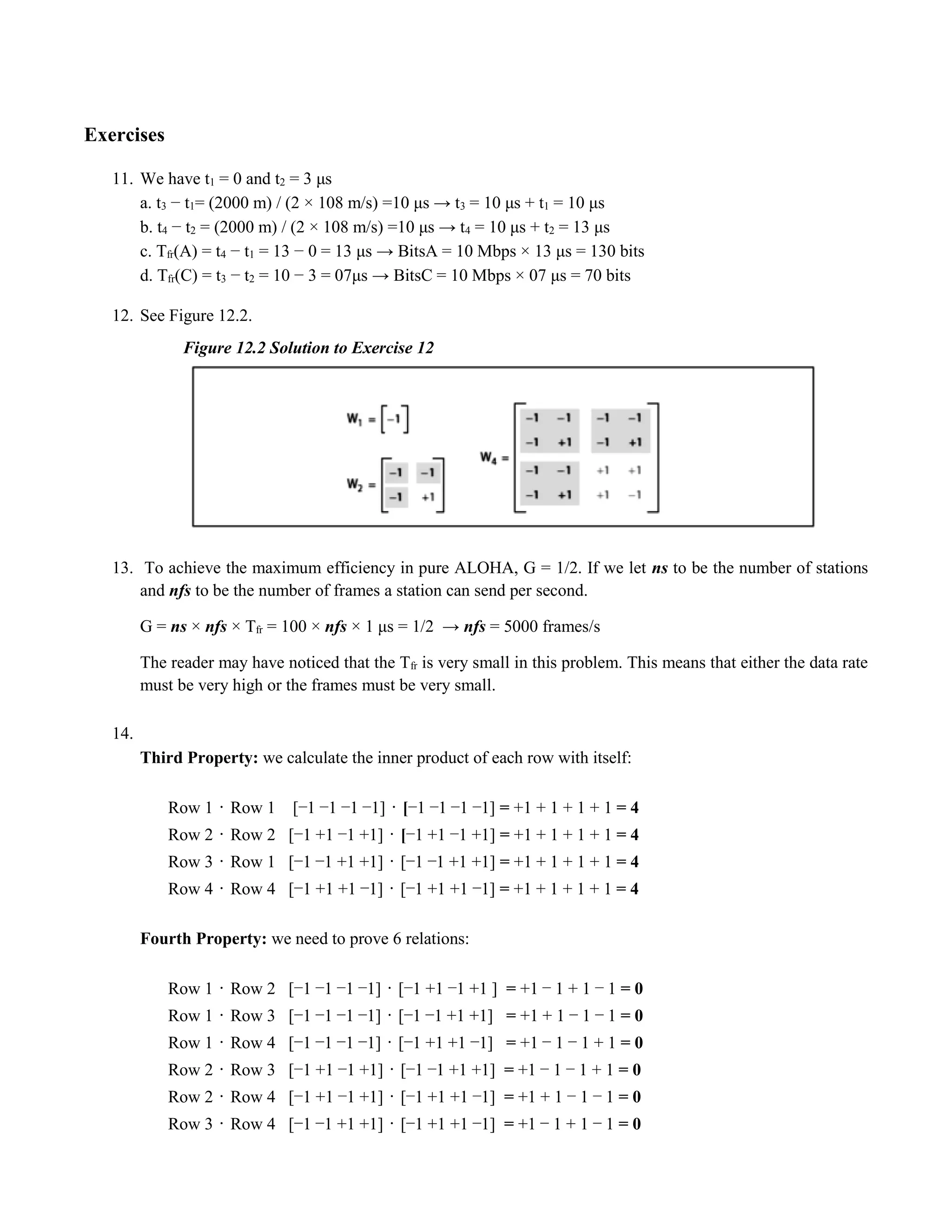 Exercises 
11. We have t1 = 0 and t2 = 3 μs 
a. t3 − t1= (2000 m) / (2 × 108 m/s) =10 μs → t3 = 10 μs + t1 = 10 μs 
b. t4 − t2 = (2000 m) / (2 × 108 m/s) =10 μs → t4 = 10 μs + t2 = 13 μs 
c. Tfr(A) = t4 − t1 = 13 − 0 = 13 μs → BitsA = 10 Mbps × 13 μs = 130 bits 
d. Tfr(C) = t3 − t2 = 10 − 3 = 07μs → BitsC = 10 Mbps × 07 μs = 70 bits 
12. See Figure 12.2. 
Figure 12.2 Solution to Exercise 12 
13. To achieve the maximum efficiency in pure ALOHA, G = 1/2. If we let ns to be the number of stations 
and nfs to be the number of frames a station can send per second. 
G = ns × nfs × Tfr = 100 × nfs × 1 μs = 1/2 → nfs = 5000 frames/s 
The reader may have noticed that the Tfr is very small in this problem. This means that either the data rate 
must be very high or the frames must be very small. 
14. 
Third Property: we calculate the inner product of each row with itself: 
Row 1 • Row 1 [−1 −1 −1 −1] • [−1 −1 −1 −1] = +1 + 1 + 1 + 1 = 4 
Row 2 • Row 2 [−1 +1 −1 +1] • [−1 +1 −1 +1] = +1 + 1 + 1 + 1 = 4 
Row 3 • Row 1 [−1 −1 +1 +1] • [−1 −1 +1 +1] = +1 + 1 + 1 + 1 = 4 
Row 4 • Row 4 [−1 +1 +1 −1] • [−1 +1 +1 −1] = +1 + 1 + 1 + 1 = 4 
Fourth Property: we need to prove 6 relations: 
Row 1 • Row 2 [−1 −1 −1 −1] • [−1 +1 −1 +1 ] = +1 − 1 + 1 − 1 = 0 
Row 1 • Row 3 [−1 −1 −1 −1] • [−1 −1 +1 +1] = +1 + 1 − 1 − 1 = 0 
Row 1 • Row 4 [−1 −1 −1 −1] • [−1 +1 +1 −1] = +1 − 1 − 1 + 1 = 0 
Row 2 • Row 3 [−1 +1 −1 +1] • [−1 −1 +1 +1] = +1 − 1 − 1 + 1 = 0 
Row 2 • Row 4 [−1 +1 −1 +1] • [−1 +1 +1 −1] = +1 + 1 − 1 − 1 = 0 
Row 3 • Row 4 [−1 −1 +1 +1] • [−1 +1 +1 −1] = +1 − 1 + 1 − 1 = 0 
 