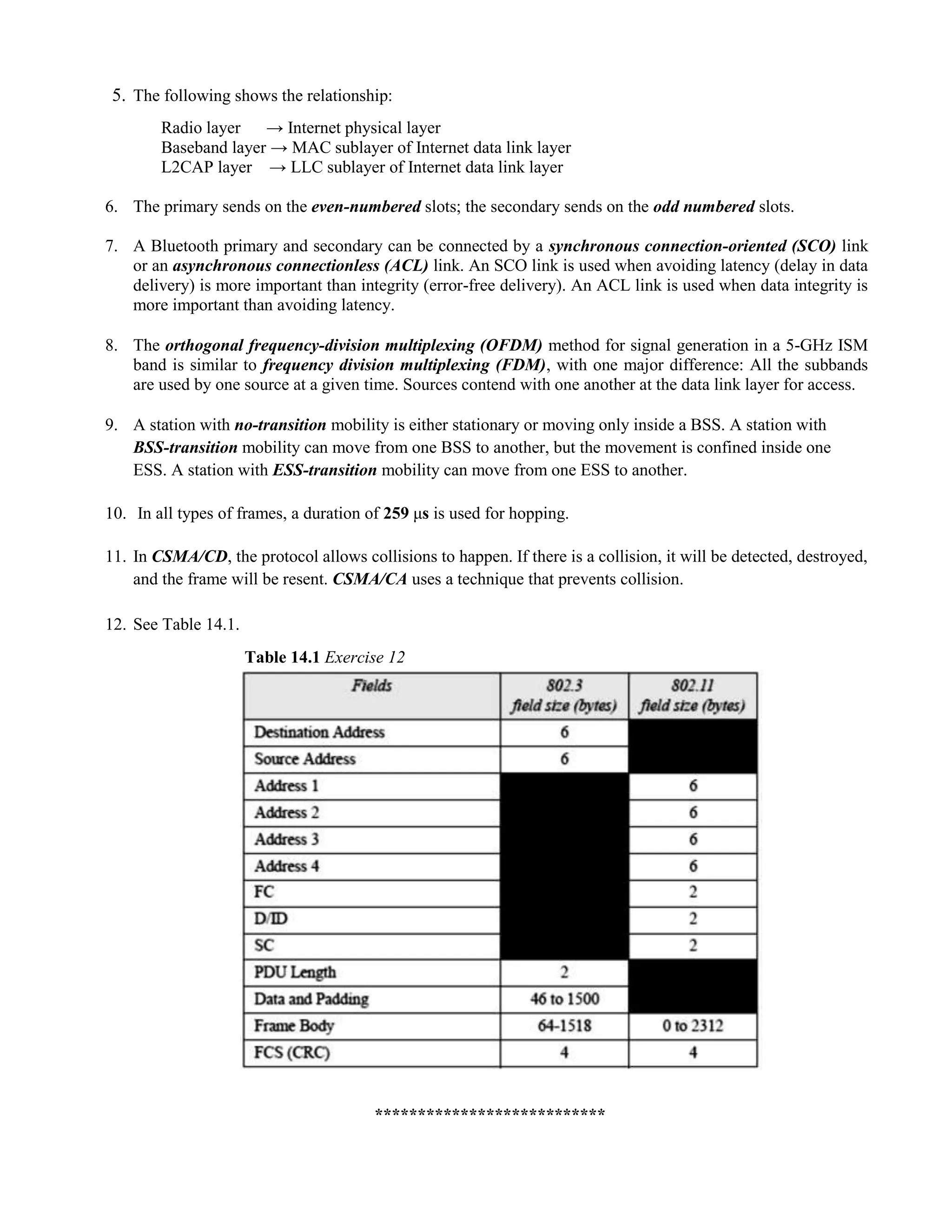 5. The following shows the relationship: 
Radio layer → Internet physical layer 
Baseband layer → MAC sublayer of Internet data link layer 
L2CAP layer → LLC sublayer of Internet data link layer 
6. The primary sends on the even-numbered slots; the secondary sends on the odd numbered slots. 
7. A Bluetooth primary and secondary can be connected by a synchronous connection-oriented (SCO) link 
or an asynchronous connectionless (ACL) link. An SCO link is used when avoiding latency (delay in data 
delivery) is more important than integrity (error-free delivery). An ACL link is used when data integrity is 
more important than avoiding latency. 
8. The orthogonal frequency-division multiplexing (OFDM) method for signal generation in a 5-GHz ISM 
band is similar to frequency division multiplexing (FDM), with one major difference: All the subbands 
are used by one source at a given time. Sources contend with one another at the data link layer for access. 
9. A station with no-transition mobility is either stationary or moving only inside a BSS. A station with 
BSS-transition mobility can move from one BSS to another, but the movement is confined inside one 
ESS. A station with ESS-transition mobility can move from one ESS to another. 
10. In all types of frames, a duration of 259 μs is used for hopping. 
11. In CSMA/CD, the protocol allows collisions to happen. If there is a collision, it will be detected, destroyed, 
and the frame will be resent. CSMA/CA uses a technique that prevents collision. 
12. See Table 14.1. 
Table 14.1 Exercise 12 
*************************** 
 