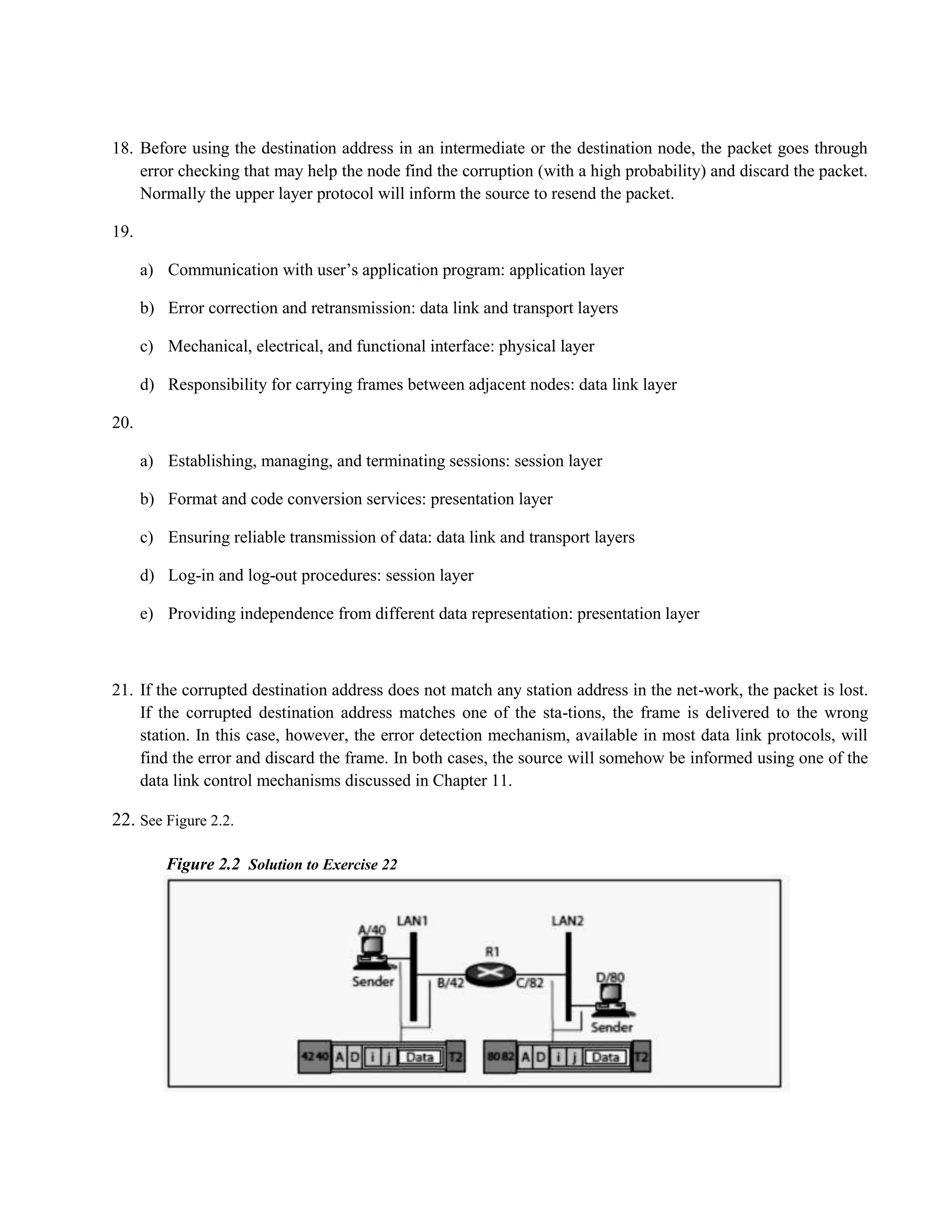 18. Before using the destination address in an intermediate or the destination node, the packet goes through 
error checking that may help the node find the corruption (with a high probability) and discard the packet. 
Normally the upper layer protocol will inform the source to resend the packet. 
19. 
a) Communication with user’s application program: application layer 
b) Error correction and retransmission: data link and transport layers 
c) Mechanical, electrical, and functional interface: physical layer 
d) Responsibility for carrying frames between adjacent nodes: data link layer 
20. 
a) Establishing, managing, and terminating sessions: session layer 
b) Format and code conversion services: presentation layer 
c) Ensuring reliable transmission of data: data link and transport layers 
d) Log-in and log-out procedures: session layer 
e) Providing independence from different data representation: presentation layer 
21. If the corrupted destination address does not match any station address in the net-work, the packet is lost. 
If the corrupted destination address matches one of the sta-tions, the frame is delivered to the wrong 
station. In this case, however, the error detection mechanism, available in most data link protocols, will 
find the error and discard the frame. In both cases, the source will somehow be informed using one of the 
data link control mechanisms discussed in Chapter 11. 
22. See Figure 2.2. 
Figure 2.2 Solution to Exercise 22 
 