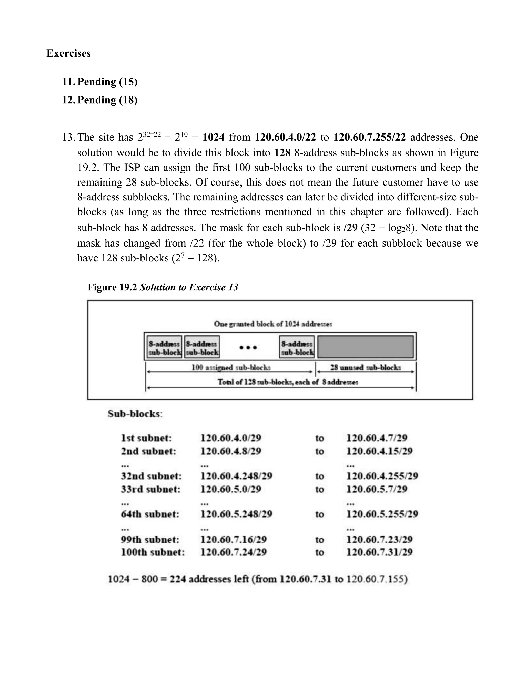 Exercises 
11. Pending (15) 
12. Pending (18) 
13. The site has 232−22 = 210 = 1024 from 120.60.4.0/22 to 120.60.7.255/22 addresses. One 
solution would be to divide this block into 128 8-address sub-blocks as shown in Figure 
19.2. The ISP can assign the first 100 sub-blocks to the current customers and keep the 
remaining 28 sub-blocks. Of course, this does not mean the future customer have to use 
8-address subblocks. The remaining addresses can later be divided into different-size sub-blocks 
(as long as the three restrictions mentioned in this chapter are followed). Each 
sub-block has 8 addresses. The mask for each sub-block is /29 (32 − log28). Note that the 
mask has changed from /22 (for the whole block) to /29 for each subblock because we 
have 128 sub-blocks (27 = 128). 
Figure 19.2 Solution to Exercise 13 
 