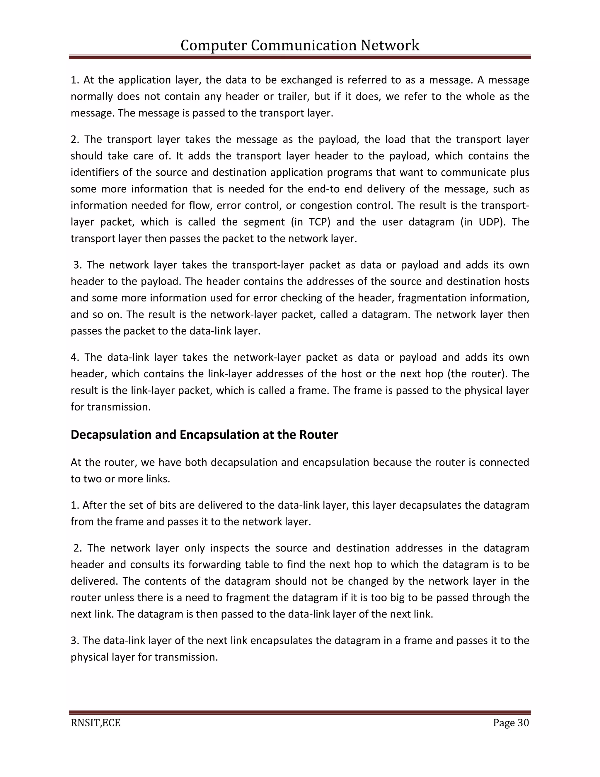 Computer Communication Network
RNSIT,ECE Page 30
1. At the application layer, the data to be exchanged is referred to as a message. A message
normally does not contain any header or trailer, but if it does, we refer to the whole as the
message. The message is passed to the transport layer.
2. The transport layer takes the message as the payload, the load that the transport layer
should take care of. It adds the transport layer header to the payload, which contains the
identifiers of the source and destination application programs that want to communicate plus
some more information that is needed for the end-to end delivery of the message, such as
information needed for flow, error control, or congestion control. The result is the transport-
layer packet, which is called the segment (in TCP) and the user datagram (in UDP). The
transport layer then passes the packet to the network layer.
3. The network layer takes the transport-layer packet as data or payload and adds its own
header to the payload. The header contains the addresses of the source and destination hosts
and some more information used for error checking of the header, fragmentation information,
and so on. The result is the network-layer packet, called a datagram. The network layer then
passes the packet to the data-link layer.
4. The data-link layer takes the network-layer packet as data or payload and adds its own
header, which contains the link-layer addresses of the host or the next hop (the router). The
result is the link-layer packet, which is called a frame. The frame is passed to the physical layer
for transmission.
Decapsulation and Encapsulation at the Router
At the router, we have both decapsulation and encapsulation because the router is connected
to two or more links.
1. After the set of bits are delivered to the data-link layer, this layer decapsulates the datagram
from the frame and passes it to the network layer.
2. The network layer only inspects the source and destination addresses in the datagram
header and consults its forwarding table to find the next hop to which the datagram is to be
delivered. The contents of the datagram should not be changed by the network layer in the
router unless there is a need to fragment the datagram if it is too big to be passed through the
next link. The datagram is then passed to the data-link layer of the next link.
3. The data-link layer of the next link encapsulates the datagram in a frame and passes it to the
physical layer for transmission.
 