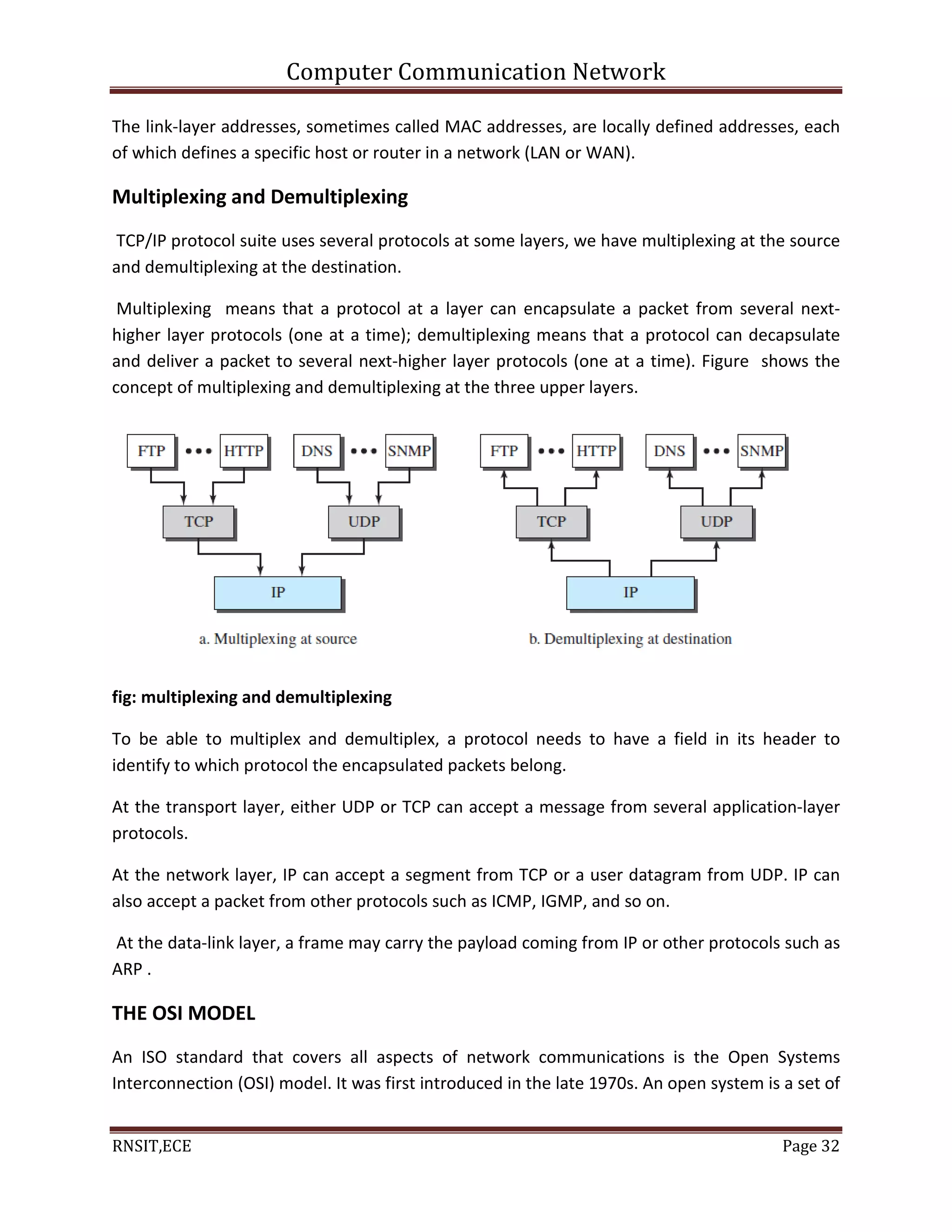 Computer Communication Network
RNSIT,ECE Page 32
The link-layer addresses, sometimes called MAC addresses, are locally defined addresses, each
of which defines a specific host or router in a network (LAN or WAN).
Multiplexing and Demultiplexing
TCP/IP protocol suite uses several protocols at some layers, we have multiplexing at the source
and demultiplexing at the destination.
Multiplexing means that a protocol at a layer can encapsulate a packet from several next-
higher layer protocols (one at a time); demultiplexing means that a protocol can decapsulate
and deliver a packet to several next-higher layer protocols (one at a time). Figure shows the
concept of multiplexing and demultiplexing at the three upper layers.
fig: multiplexing and demultiplexing
To be able to multiplex and demultiplex, a protocol needs to have a field in its header to
identify to which protocol the encapsulated packets belong.
At the transport layer, either UDP or TCP can accept a message from several application-layer
protocols.
At the network layer, IP can accept a segment from TCP or a user datagram from UDP. IP can
also accept a packet from other protocols such as ICMP, IGMP, and so on.
At the data-link layer, a frame may carry the payload coming from IP or other protocols such as
ARP .
THE OSI MODEL
An ISO standard that covers all aspects of network communications is the Open Systems
Interconnection (OSI) model. It was first introduced in the late 1970s. An open system is a set of
 