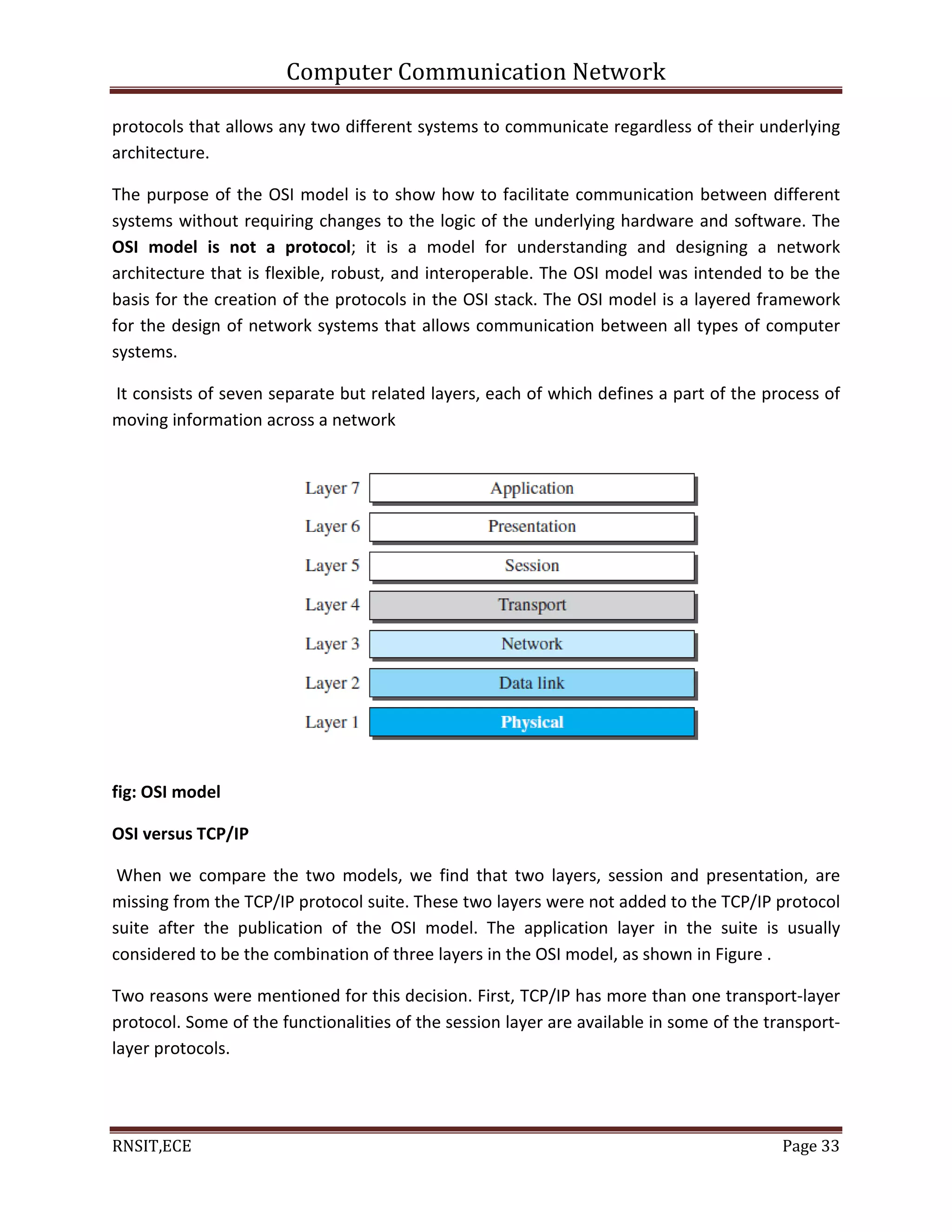 Computer Communication Network
RNSIT,ECE Page 33
protocols that allows any two different systems to communicate regardless of their underlying
architecture.
The purpose of the OSI model is to show how to facilitate communication between different
systems without requiring changes to the logic of the underlying hardware and software. The
OSI model is not a protocol; it is a model for understanding and designing a network
architecture that is flexible, robust, and interoperable. The OSI model was intended to be the
basis for the creation of the protocols in the OSI stack. The OSI model is a layered framework
for the design of network systems that allows communication between all types of computer
systems.
It consists of seven separate but related layers, each of which defines a part of the process of
moving information across a network
fig: OSI model
OSI versus TCP/IP
When we compare the two models, we find that two layers, session and presentation, are
missing from the TCP/IP protocol suite. These two layers were not added to the TCP/IP protocol
suite after the publication of the OSI model. The application layer in the suite is usually
considered to be the combination of three layers in the OSI model, as shown in Figure .
Two reasons were mentioned for this decision. First, TCP/IP has more than one transport-layer
protocol. Some of the functionalities of the session layer are available in some of the transport-
layer protocols.
 