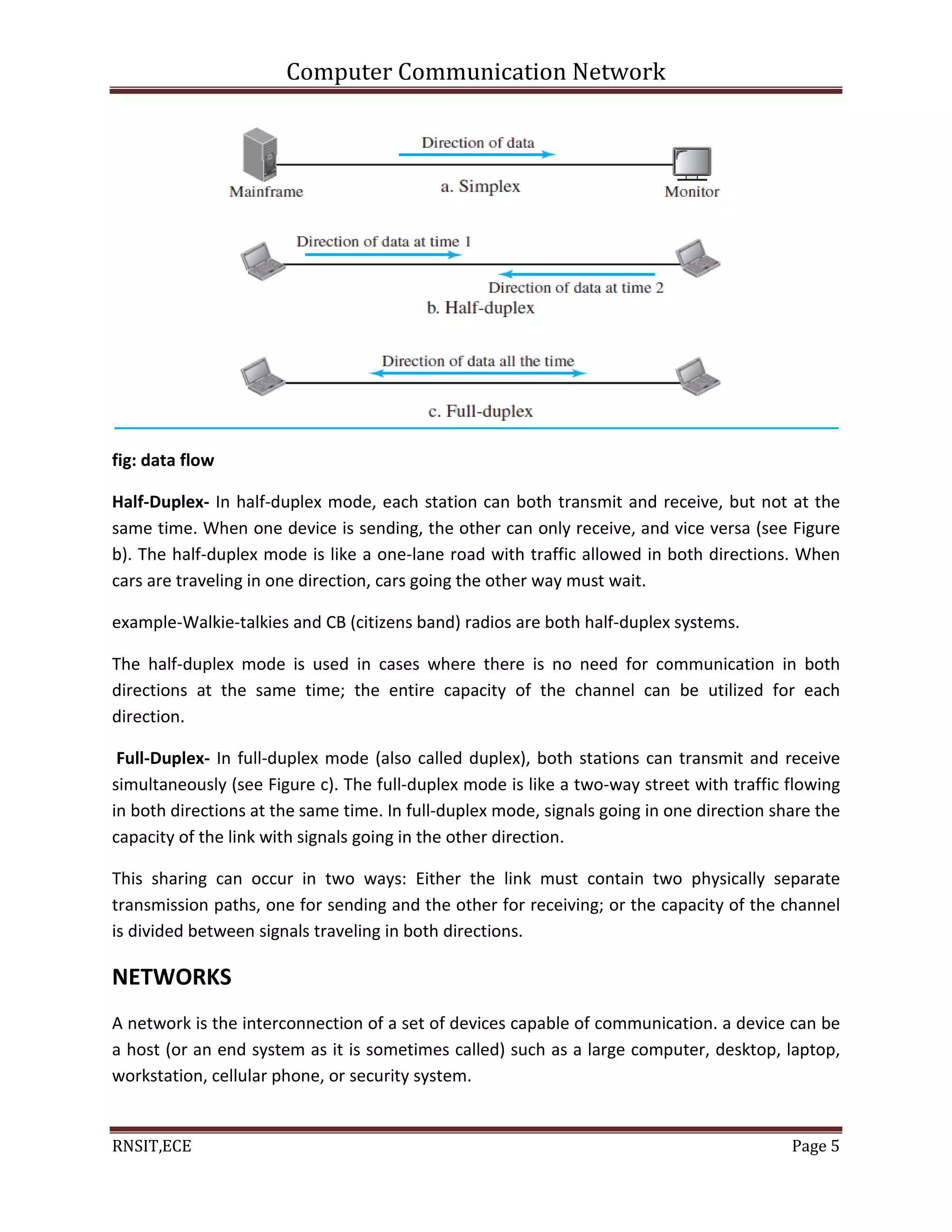 Computer Communication Network
RNSIT,ECE Page 5
fig: data flow
Half-Duplex- In half-duplex mode, each station can both transmit and receive, but not at the
same time. When one device is sending, the other can only receive, and vice versa (see Figure
b). The half-duplex mode is like a one-lane road with traffic allowed in both directions. When
cars are traveling in one direction, cars going the other way must wait.
example-Walkie-talkies and CB (citizens band) radios are both half-duplex systems.
The half-duplex mode is used in cases where there is no need for communication in both
directions at the same time; the entire capacity of the channel can be utilized for each
direction.
Full-Duplex- In full-duplex mode (also called duplex), both stations can transmit and receive
simultaneously (see Figure c). The full-duplex mode is like a two-way street with traffic flowing
in both directions at the same time. In full-duplex mode, signals going in one direction share the
capacity of the link with signals going in the other direction.
This sharing can occur in two ways: Either the link must contain two physically separate
transmission paths, one for sending and the other for receiving; or the capacity of the channel
is divided between signals traveling in both directions.
NETWORKS
A network is the interconnection of a set of devices capable of communication. a device can be
a host (or an end system as it is sometimes called) such as a large computer, desktop, laptop,
workstation, cellular phone, or security system.
 