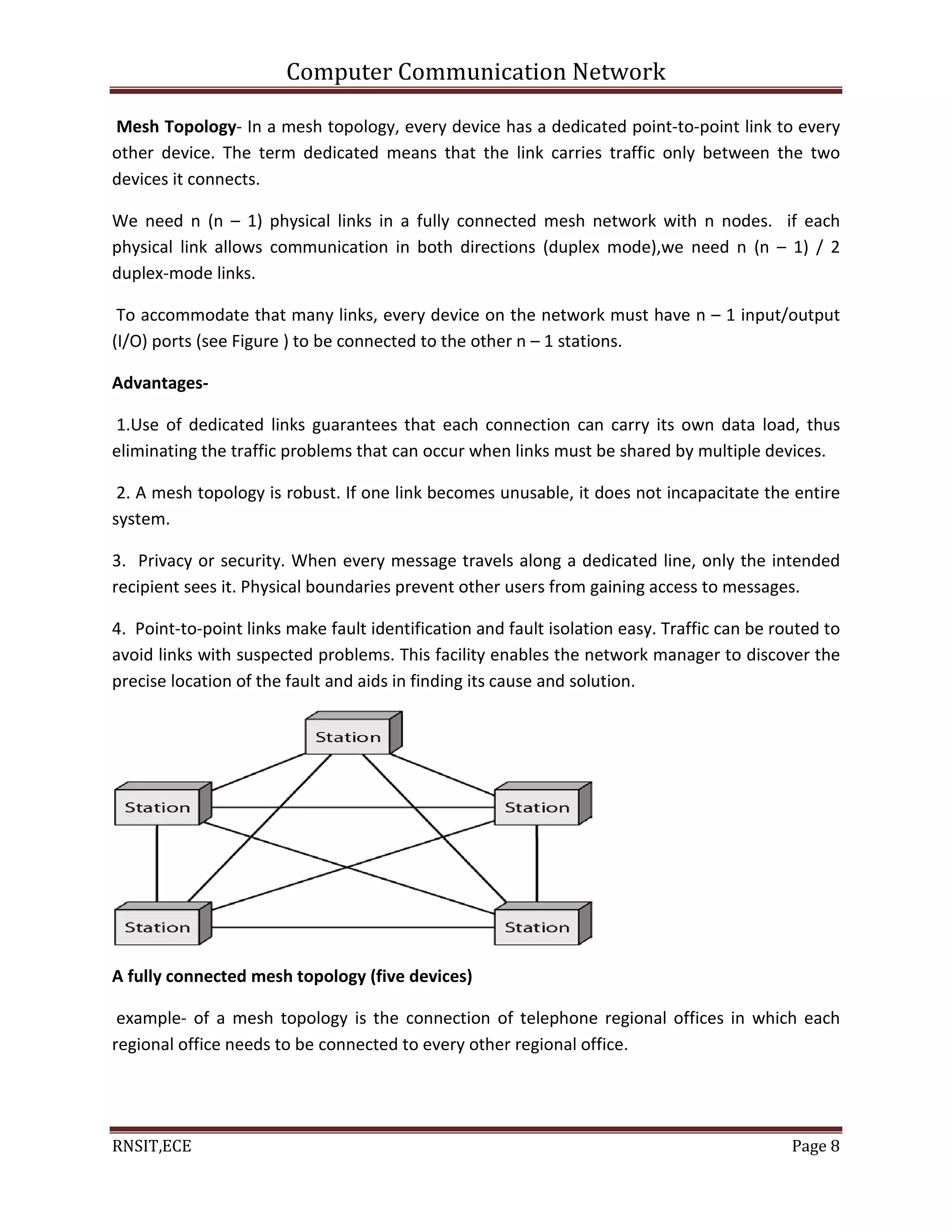 Computer Communication Network
RNSIT,ECE Page 8
Mesh Topology- In a mesh topology, every device has a dedicated point-to-point link to every
other device. The term dedicated means that the link carries traffic only between the two
devices it connects.
We need n (n – 1) physical links in a fully connected mesh network with n nodes. if each
physical link allows communication in both directions (duplex mode),we need n (n – 1) / 2
duplex-mode links.
To accommodate that many links, every device on the network must have n – 1 input/output
(I/O) ports (see Figure ) to be connected to the other n – 1 stations.
Advantages-
1.Use of dedicated links guarantees that each connection can carry its own data load, thus
eliminating the traffic problems that can occur when links must be shared by multiple devices.
2. A mesh topology is robust. If one link becomes unusable, it does not incapacitate the entire
system.
3. Privacy or security. When every message travels along a dedicated line, only the intended
recipient sees it. Physical boundaries prevent other users from gaining access to messages.
4. Point-to-point links make fault identification and fault isolation easy. Traffic can be routed to
avoid links with suspected problems. This facility enables the network manager to discover the
precise location of the fault and aids in finding its cause and solution.
A fully connected mesh topology (five devices)
example- of a mesh topology is the connection of telephone regional offices in which each
regional office needs to be connected to every other regional office.
 