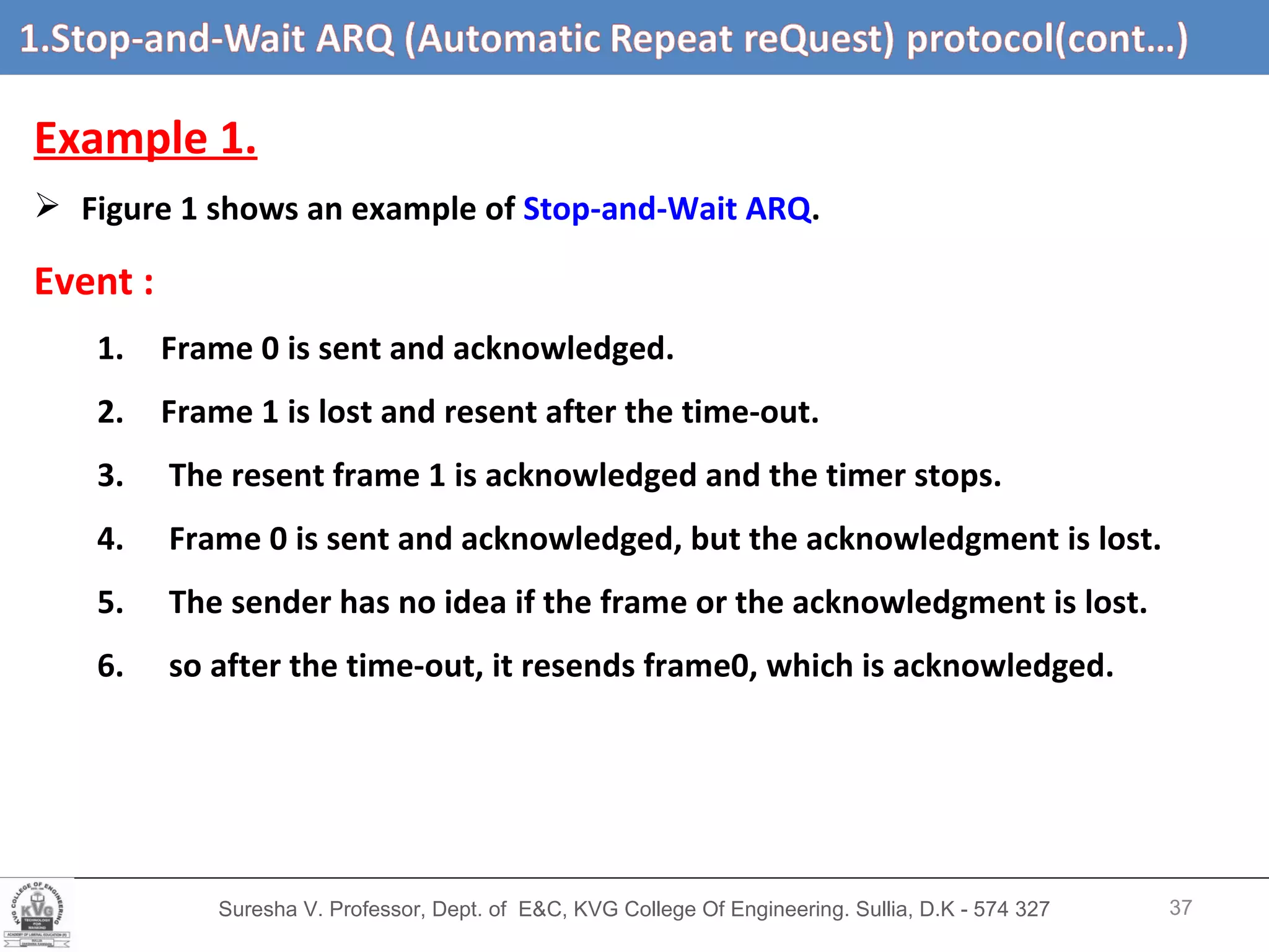Suresha V. Professor, Dept. of  E&C, KVG College Of Engineering. Sullia, D.K - 574 327 Stop-and-Wait ARQ (Automatic Repeat Request) protocol  (cont,d…) Example 1. Figure 1 shows an example of  Stop-and-Wait ARQ . Event :  Frame 0 is sent and acknowledged.  Frame 1 is lost and resent after the time-out.  The resent frame 1 is acknowledged and the timer stops.  Frame 0 is sent and acknowledged, but the acknowledgment is lost.  The sender has no idea if the frame or the acknowledgment is lost. so after the time-out, it resends frame0, which is acknowledged. 
