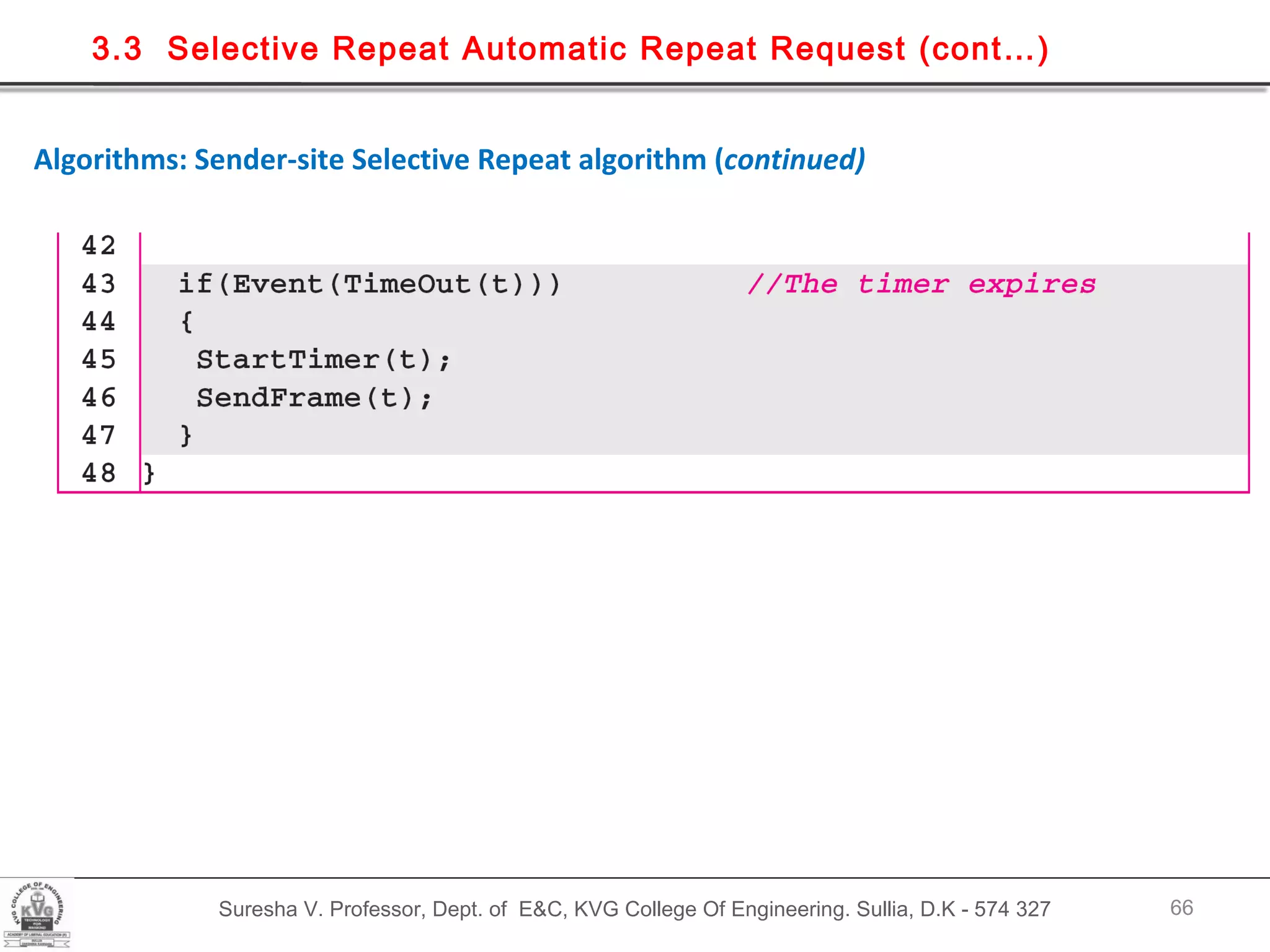 Suresha V. Professor, Dept. of  E&C, KVG College Of Engineering. Sullia, D.K - 574 327 3.3  Selective Repeat Automatic Repeat Request (cont…) Algorithms: Sender-site Selective Repeat algorithm ( continued) 