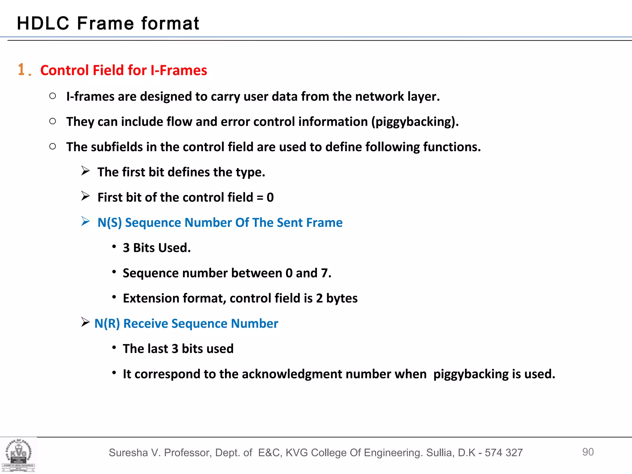 Suresha V. Professor, Dept. of  E&C, KVG College Of Engineering. Sullia, D.K - 574 327 HDLC Frame format 1.  Control Field for I-Frames I-frames are designed to carry user data from the network layer.  They can include flow and error control information (piggybacking).  The subfields in the control field are used to define following functions.  The first bit defines the type. First bit of the control field = 0  N(S) Sequence Number Of The Sent Frame 3 Bits Used. Sequence number between 0 and 7. Extension format, control field is 2 bytes N(R) Receive Sequence Number The last 3 bits used It correspond to the acknowledgment number when  piggybacking is used.  