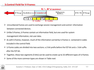 Suresha V. Professor, Dept. of  E&C, KVG College Of Engineering. Sullia, D.K - 574 327 .  3.Control Field for V-Frames Unnumbered frames are used to exchange session management and control  information between connected devices.  Unlike S-frames, U-frames contain an information field, but one used for system  management information, not user data. As with S-frames, however, much of the information carried by U-frames is  contained in codes  included in the control field.  U-frame codes are divided into two sections: a 2-bit prefix before the P/F bit and a  3-bit suffix  after the P/F bit.  Together, these two segments (5 bits) can be used to create up to 32 different types of U-frames. Some of the more common types are shown in Table next  