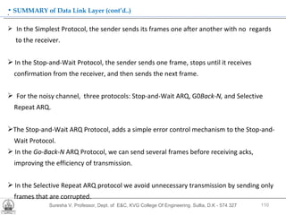 Suresha V. Professor, Dept. of  E&C, KVG College Of Engineering. Sullia, D.K - 574 327 .  SUMMARY of Data Link Layer (cont’d..) In the Simplest Protocol, the sender sends its frames one after another with no  regards  to the receiver. In the Stop-and-Wait Protocol, the sender sends one frame, stops until it receives  confirmation from the receiver, and then sends the next frame. For the noisy channel,  three protocols: Stop-and-Wait ARQ, G0 Back-N,  and Selective  Repeat ARQ.  The Stop-and-Wait ARQ Protocol, adds a simple error control mechanism to the Stop-and- Wait Protocol.  In the  Go-Back-N  ARQ Protocol, we can send several frames before receiving acks,  improving the efficiency of transmission. In the Selective Repeat ARQ protocol we avoid unnecessary transmission by sending only frames that are corrupted. 