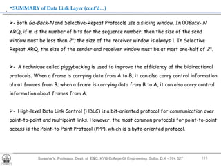 Suresha V. Professor, Dept. of  E&C, KVG College Of Engineering. Sullia, D.K - 574 327 .  SUMMARY of Data Link Layer (cont’d…) -  Both  Go-Back-N  and Selective-Repeat Protocols use a sliding window. In 00 Back- N  ARQ, if m is the number of bits for the sequence number, then the size of the send window must be less than  2 m ;  the size of the receiver window is always 1. In Selective Repeat ARQ, the size of the sender and receiver window must be at most one-half of  2 m . -  A technique called piggybacking is used to improve the efficiency of the bidirectional protocols. When a frame is carrying data from A to B, it can also carry control information about frames from B; when a frame is carrying data from B to A, it can also carry control information about frames from A. -  High-level Data Link Control (HDLC) is a bit-oriented protocol for communication over point-to-point and multipoint links. However, the most common protocols for point-to-point access is the Point-to-Point Protocol (PPP), which is a byte-oriented protocol. 