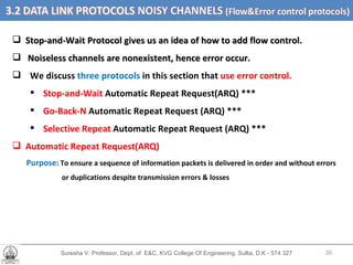 Suresha V. Professor, Dept. of  E&C, KVG College Of Engineering. Sullia, D.K - 574 327 Stop-and-Wait Protocol gives us an idea of how to add flow control. Noiseless channels are nonexistent, hence error occur. We discuss  three protocols  in this section that  use error control.  Stop-and-Wait  Automatic Repeat Request(ARQ) *** Go-Back-N  Automatic Repeat Request (ARQ) *** Selective Repeat  Automatic Repeat Request (ARQ) *** Automatic Repeat Request(ARQ) Purpose : To ensure a sequence of information packets is delivered in order and without errors or duplications despite transmission errors & losses  