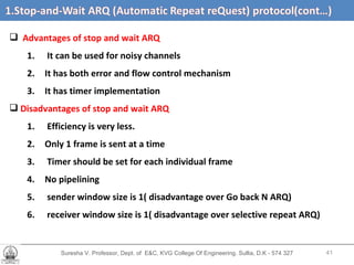 Suresha V. Professor, Dept. of  E&C, KVG College Of Engineering. Sullia, D.K - 574 327 1.3  Efficiency of   Stop-and-Wait ARQ   (cont’d…) Advantages of stop and wait ARQ It can be used for noisy channels It has both error and flow control mechanism It has timer implementation Disadvantages of stop and wait ARQ Efficiency is very less. Only 1 frame is sent at a time Timer should be set for each individual frame No pipelining sender window size is 1( disadvantage over Go back N ARQ) receiver window size is 1( disadvantage over selective repeat ARQ) 