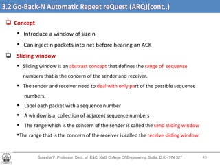 Suresha V. Professor, Dept. of  E&C, KVG College Of Engineering. Sullia, D.K - 574 327 Concept Introduce a window of size n Can inject n packets into net before hearing an ACK Sliding window Sliding window is an  abstract concept  that defines the  range of  sequence  numbers that is the concern of the sender and receiver. The sender and receiver need to  deal with only pa rt of the possible sequence numbers. Label each packet with a sequence number A window is a  collection of adjacent sequence numbers The range which is the concern of the sender is called the  send sliding window The range that is the concern of the receiver is called the  receive sliding window.  