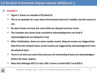 Suresha V. Professor, Dept. of  E&C, KVG College Of Engineering. Sullia, D.K - 574 327 3.2 Go-Back-N Automatic Repeat reQuest (ARQ) (cont’d….) Example 1  Figure 1 shows an example of Go-Back-N.  This is an example of a case where the forward channel is reliable, but the reverse is not. No data frames are lost, but some ACKs are delayed and one is lost.  The example also shows how cumulative acknowledgments can help if acknowledgments are delayed or lost.  After initialization, there are seven sender events. Request events are triggered by data from the network layer; arrival events are triggered by acknowledgments from the physical layer.  There is no time-out event here because all outstanding frames are acknowledged before the timer expires.  Note that although ACK 2 is lost, ACK 3 serves as both ACK 2 and ACK 3. 