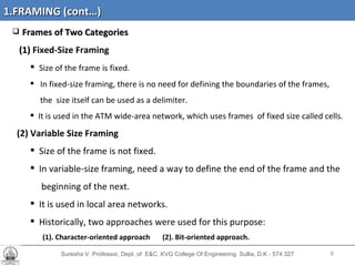 Suresha V. Professor, Dept. of  E&C, KVG College Of Engineering. Sullia, D.K - 574 327 Frames of Two Categories (1)  Fixed-Size Framing   Size of the frame is fixed.  In fixed-size framing, there is no need for defining the boundaries of the frames, the  size itself can be used as a delimiter.  It is used  in the ATM wide-area network, which uses frames  of fixed size called cells.  (2) Variable Size Framing Size of the frame is not fixed.  In variable-size framing, need a way to define the end of the frame and the  beginning of the next.  It is used in local area networks. Historically, two approaches were used for this purpose: (1). Character-oriented approach  (2). Bit-oriented approach. 1.FRAMING (cont…) 